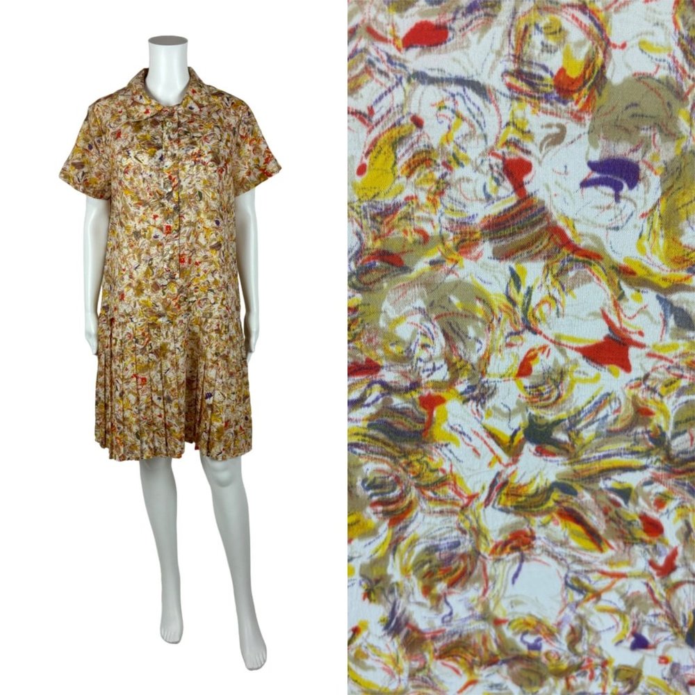 Vintage 60s Scooter Dress Women's 1X Abstract Print Drop Pleated Waist Volup Mod